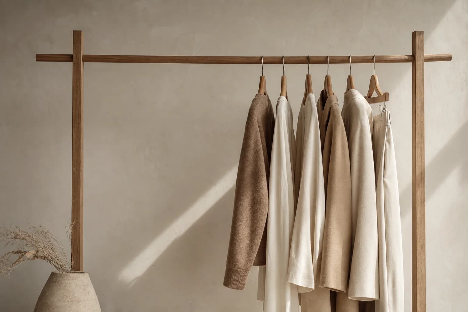 A wooden rail holding a few neutral garments against a warm plaster wall