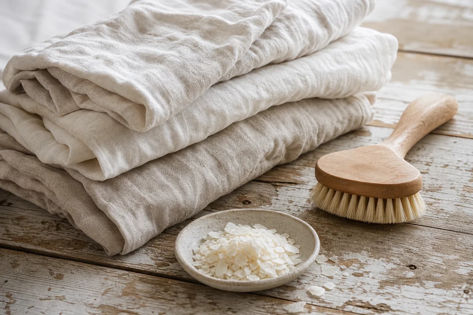 Folded washed linen with a wooden brush and soap flakes on a wooden surface